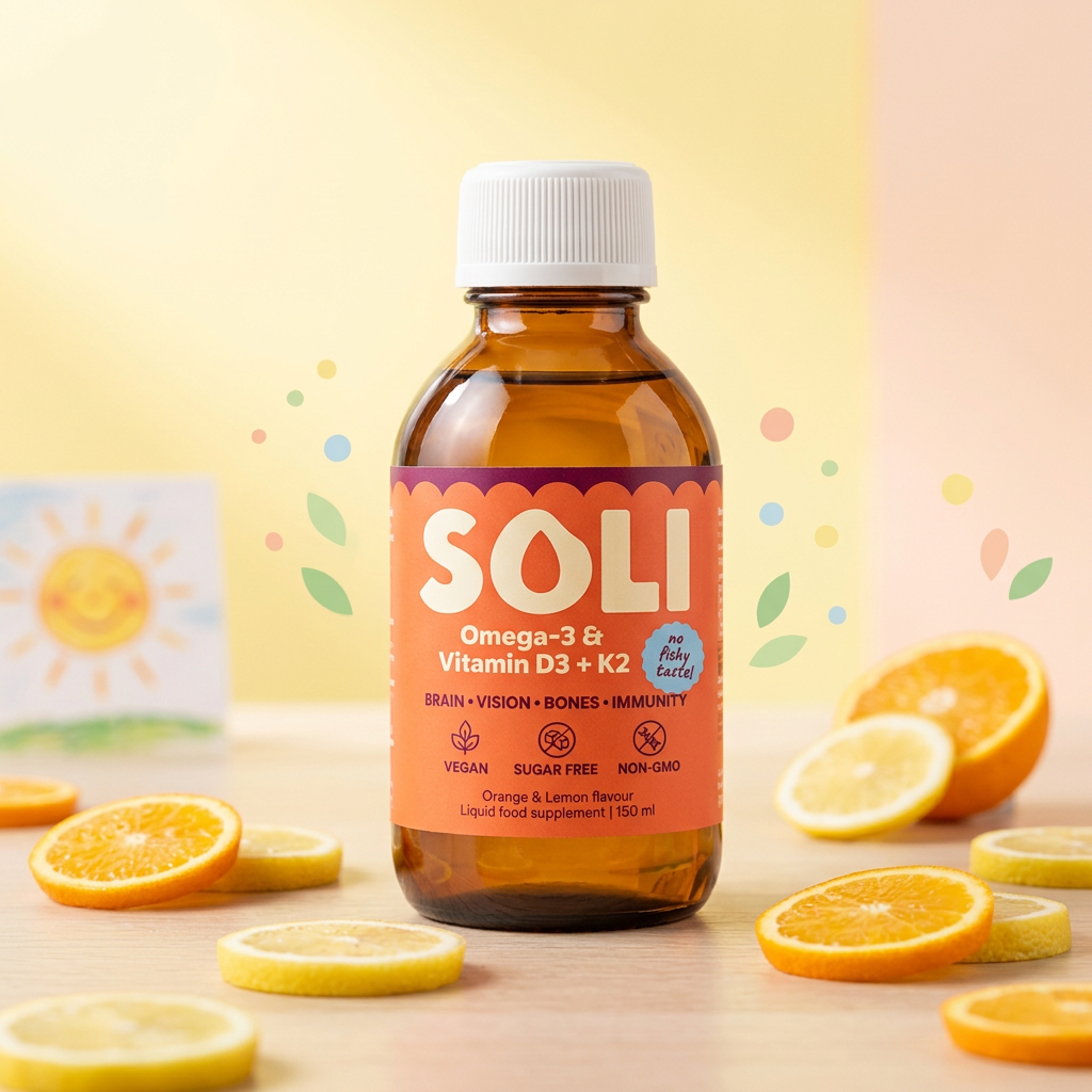 A bottle of SOLI Omega-3 & Vitamin D3 + K2 liquid food supplement, surrounded by sliced oranges and lemons on a light wooden surface with a soft pastel background.